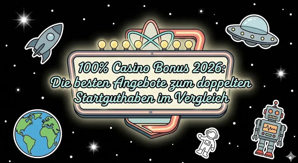 100% Casino Bonus 2026 Schild schwebend im Weltraum für freeslots99.com