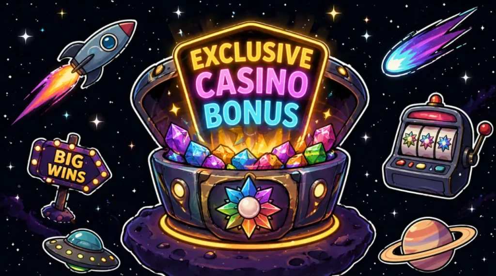 An open space treasure chest glowing with gems and an EXCLUSIVE CASINO BONUS sign, surrounded by a slot machine, a BIG WINS sign, a rocket, and planets for freeslots99.com promotions.