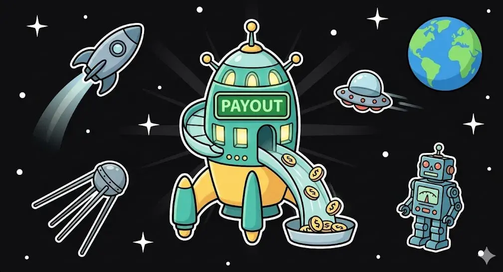 Rocket space station dispensing gold coins labeled PAYOUT to represent high winnings on freeslots99.com