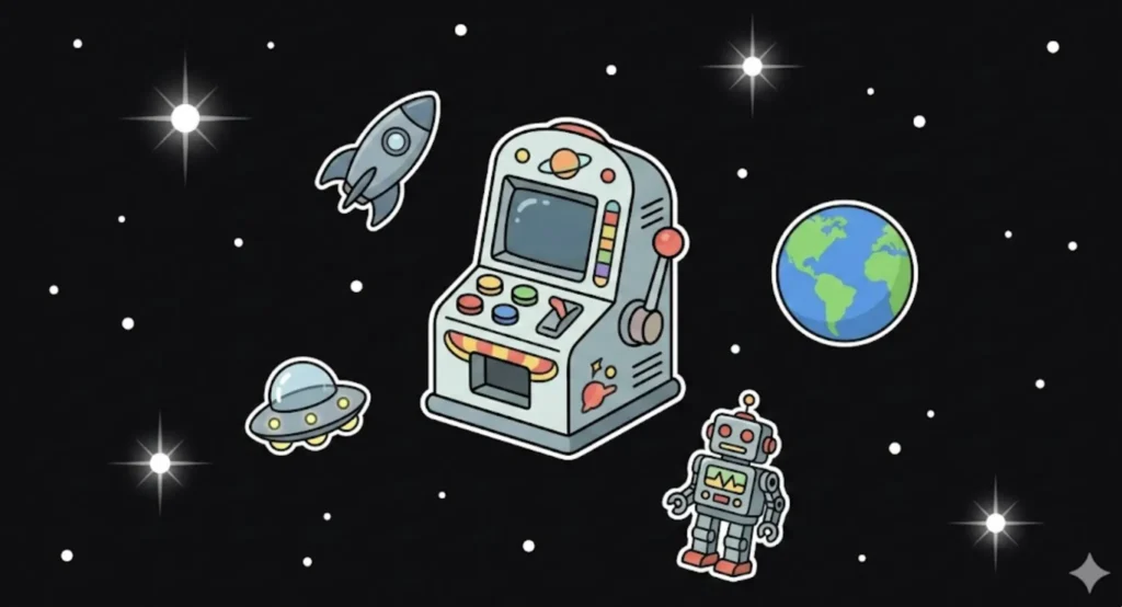 Space-themed slot machine with robot and UFO, illustrating free $10 sign up bonus pokies