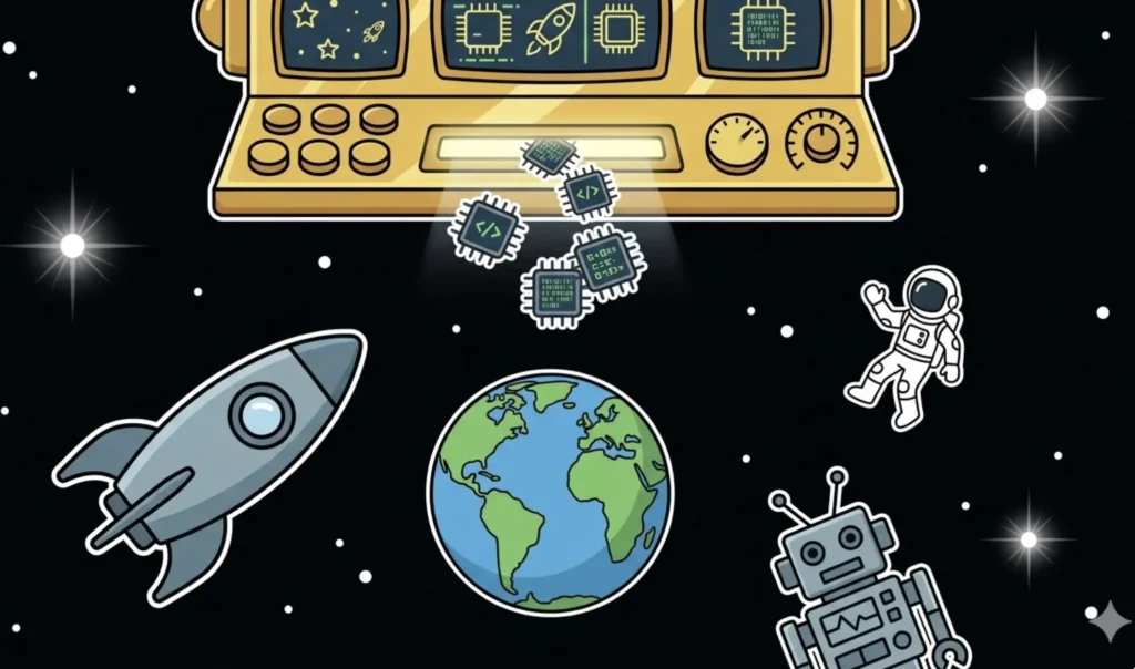 Gold slot machine dispensing microchips in space with astronaut and robot, representing free chip bonus codes at FreeSlots99