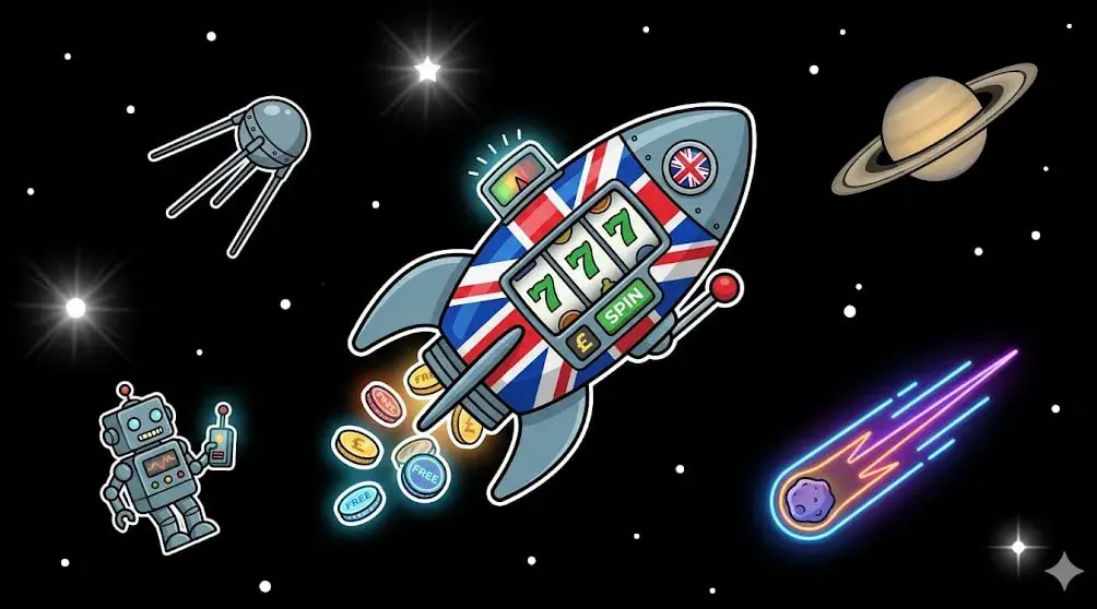 UK flag slot rocket blasting through space for freeslots99.com