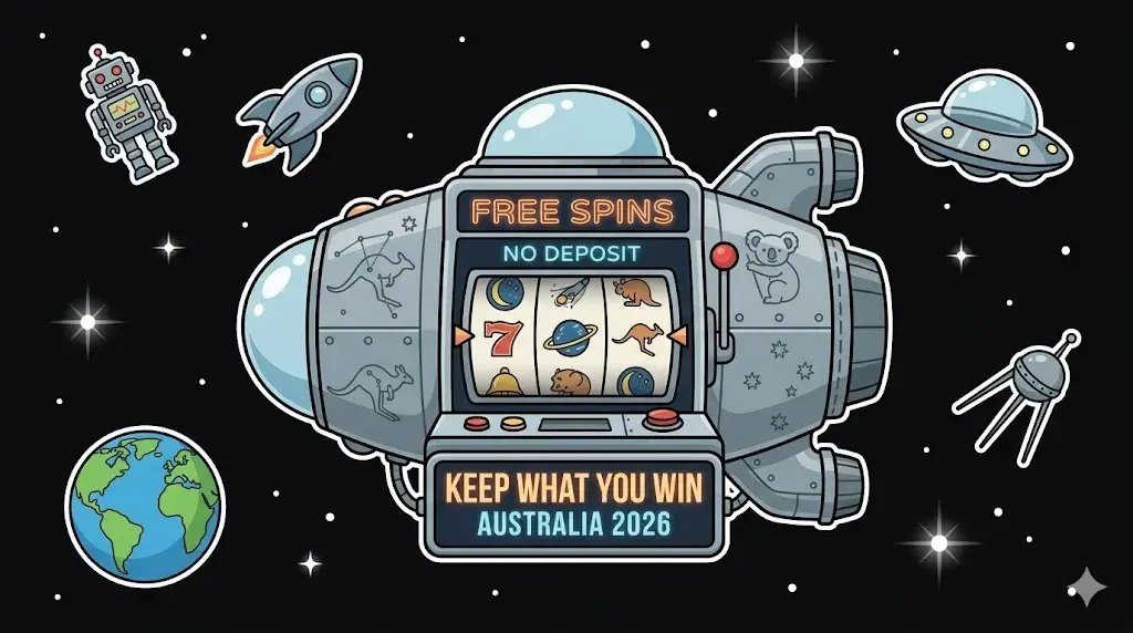 Rocket-shaped slot machine with text Free Spins No Deposit Keep What You Win Australia 2026 surrounded by robot, rocket, UFO, and Earth, symbolizing online casino theme for www.freeslots99.com