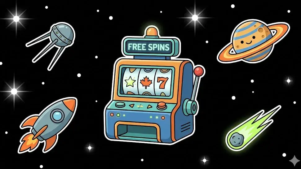 Space slot machine with free spins surrounded by rockets and planets – casino bonus illustration for freeslots99.com