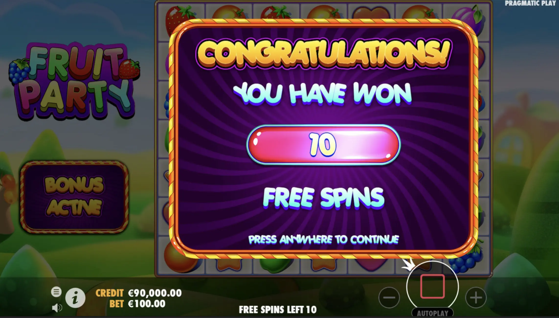 Fruit Party Buy Free Spins interface