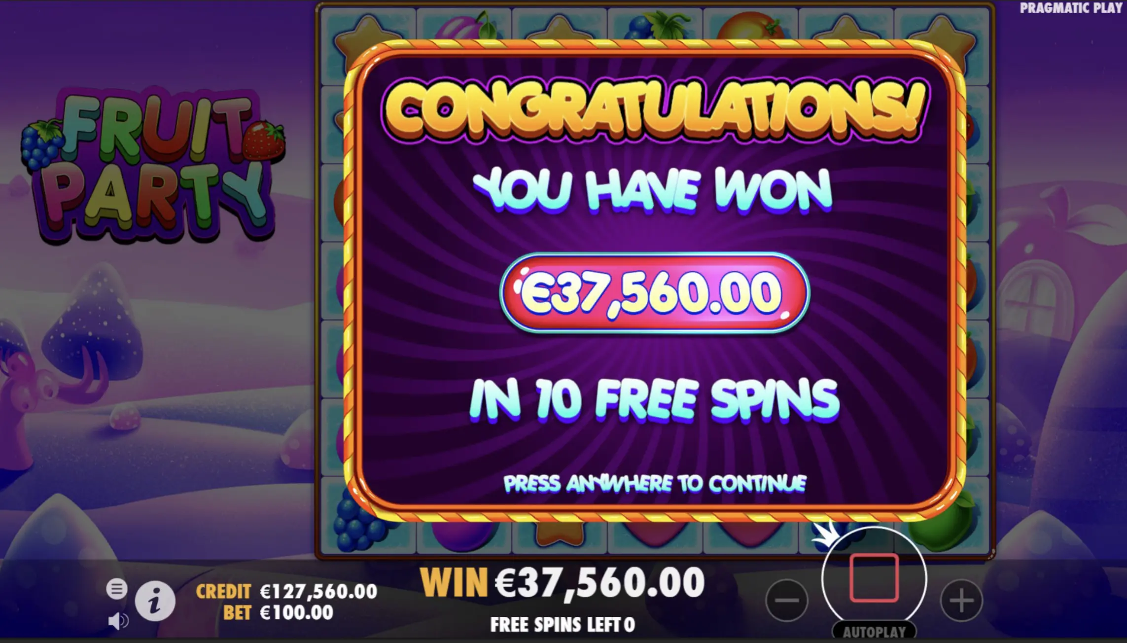 Fruit Party Free Spins round win