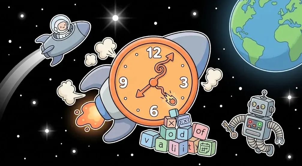 Raketenuhr mit Gültigkeitsdauer-Blöcken fliegt im Weltraum für freeslots99.com