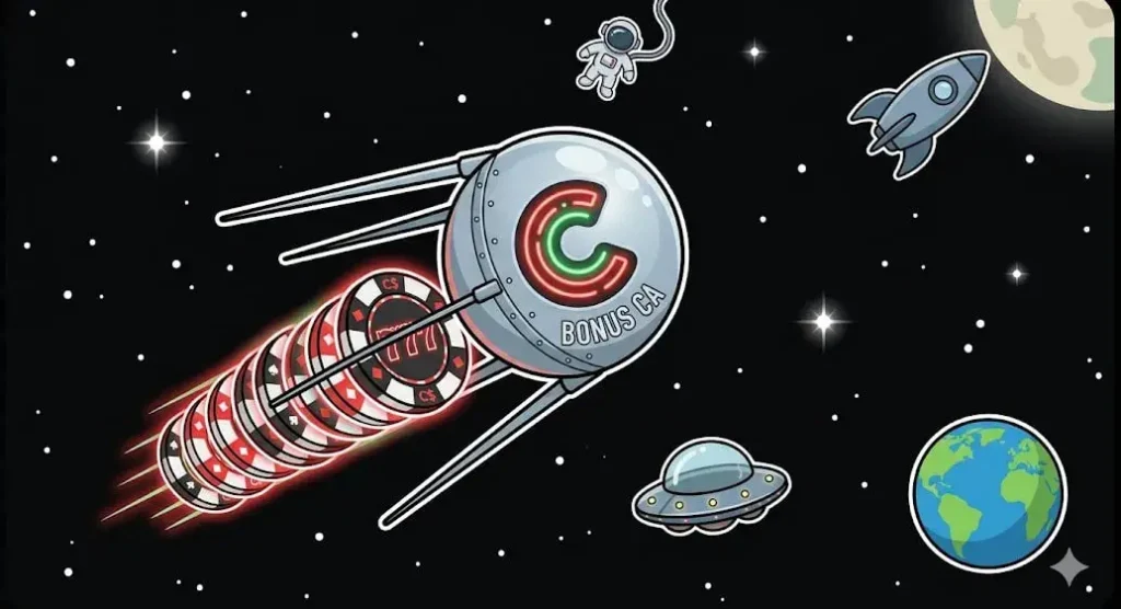 Casino chip sputnik flying through space with UFO and Earth – casino bonus illustration for freeslots99.com