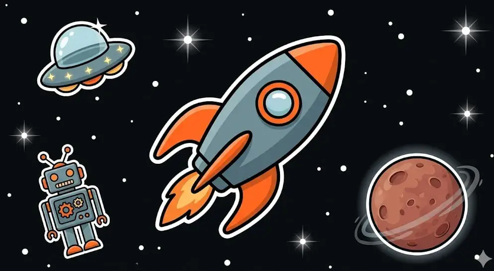 Rocket, UFO, robot, and planet Mars in cartoon space scene, symbolizing online casino theme for www.freeslots99.com