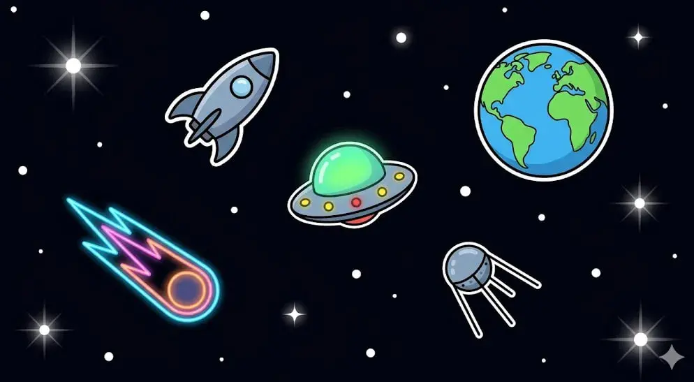 UFO, rocket and comet in space for cosmic games at freeslots99.com