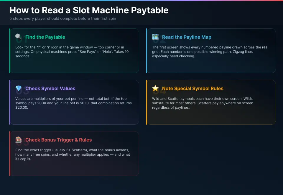Step-by-step guide showing how to read a slot machine paytable in 5 steps