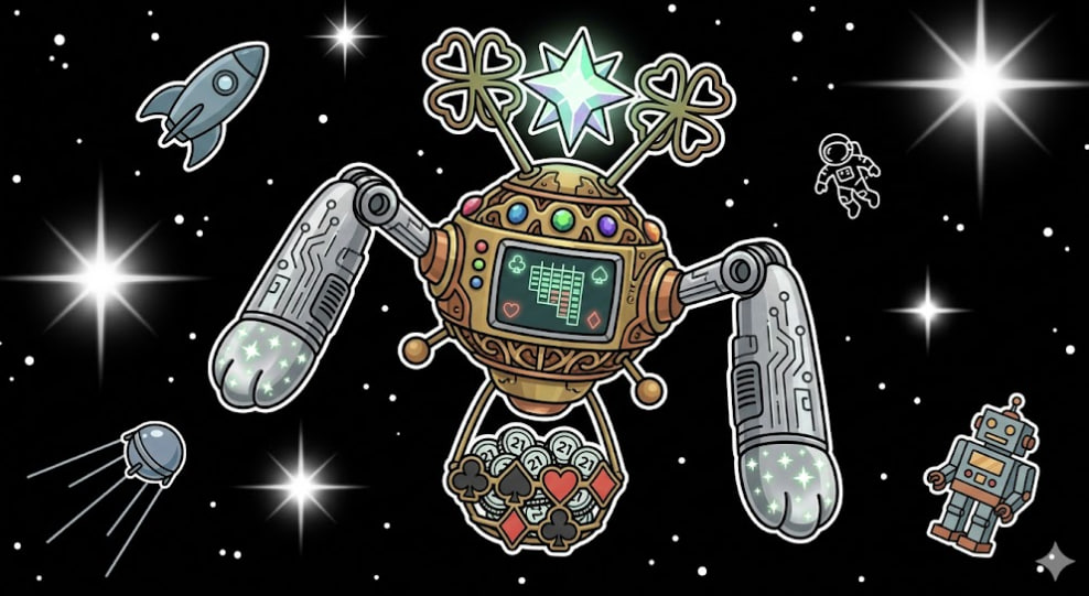 Cosmic spider robot with card suit symbols and a basket of coins for www.freeslots99.com