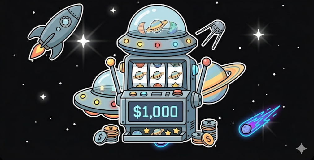 Cosmic $1,000 jackpot slot machine with UFO and rocket icons for www.freeslots99.com