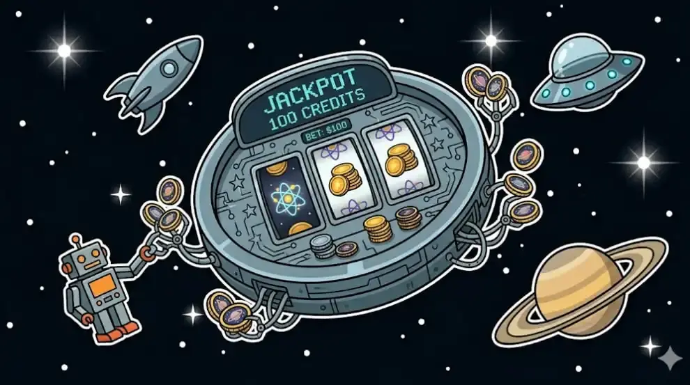 Cosmic 100-credit jackpot slot machine with orbiting robot and planet icons for www.freeslots99.com