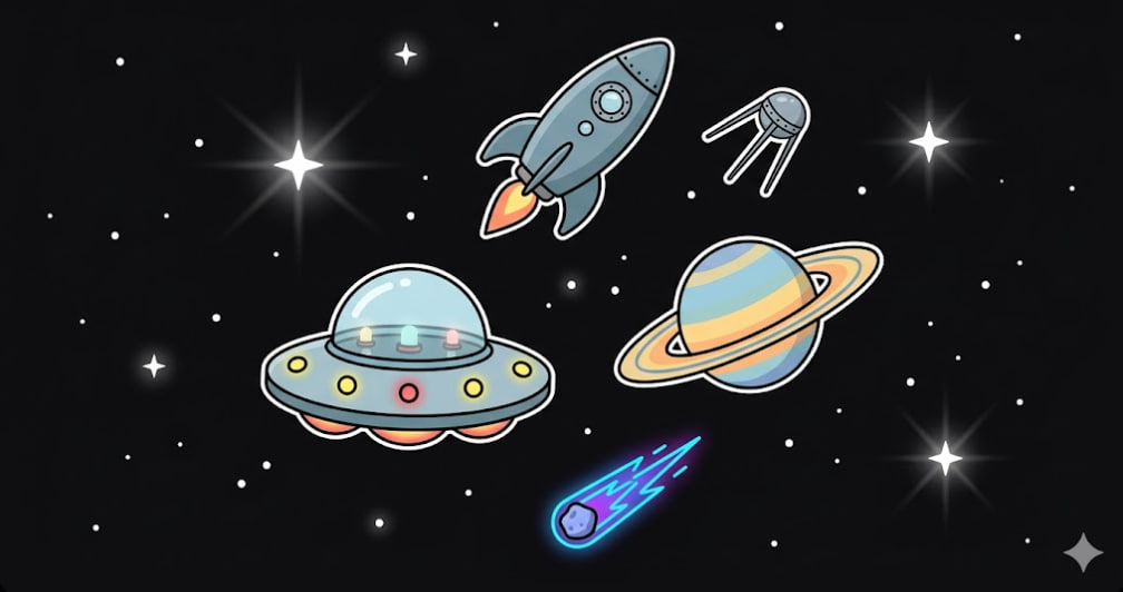 Collection of cosmic icons including a UFO, rocket, and planet for game theme on www.freeslots99.com