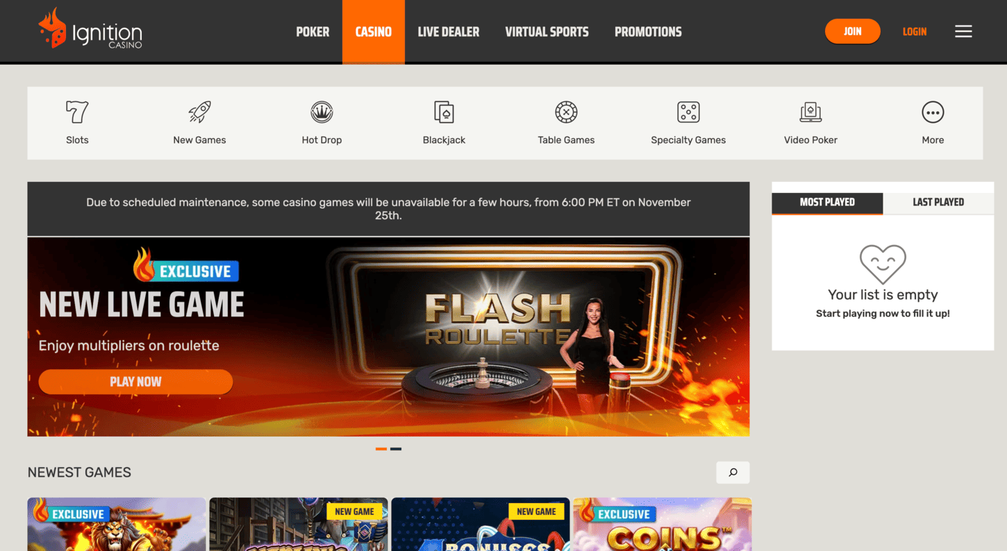 Ignition Casino bonus section screenshot