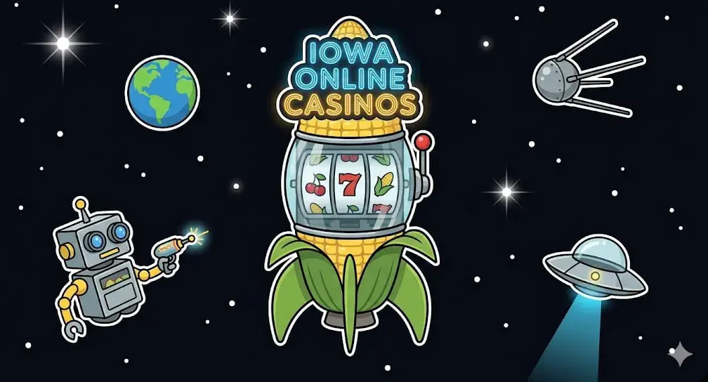 Iowa Online Casinos corn-shaped slot machine in space for freeslots99.com regional gaming.