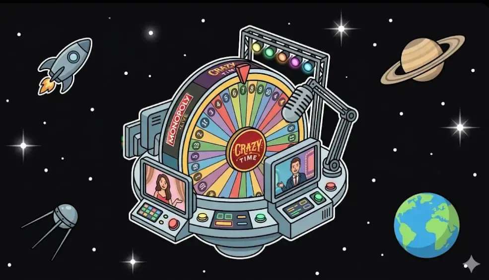 Crazy Time wheel in a space studio for live game show info on www.freeslots99.com