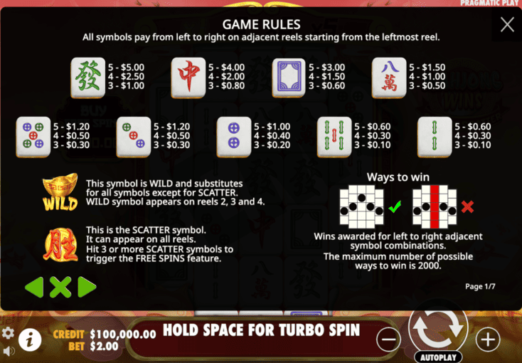 Mahjong Wins Super Scatter symbols and payout table