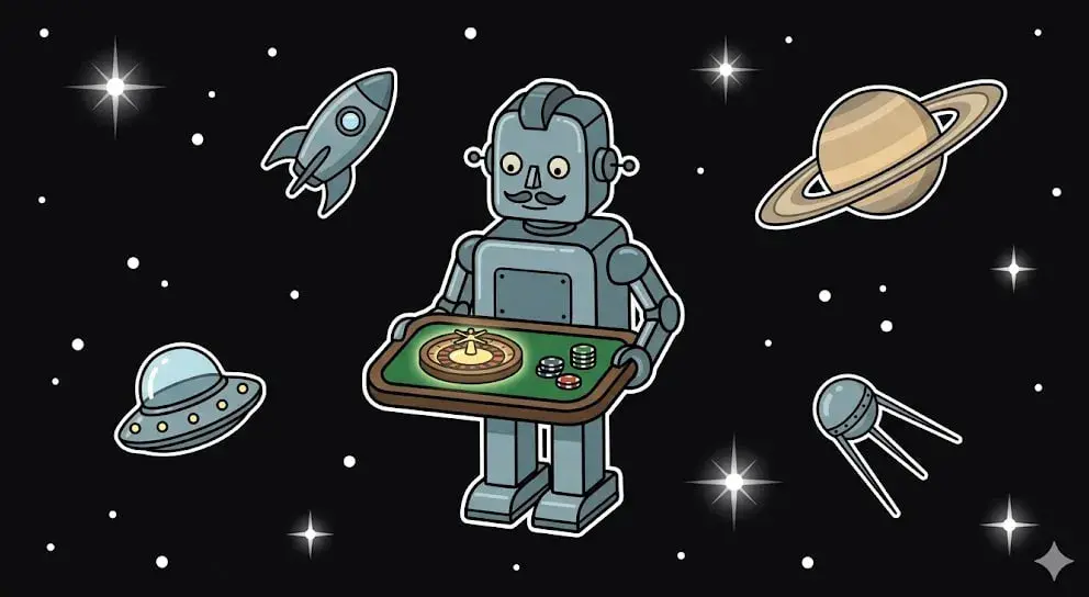 Robot holding a roulette table in space to represent futuristic gaming on freeslots99.com