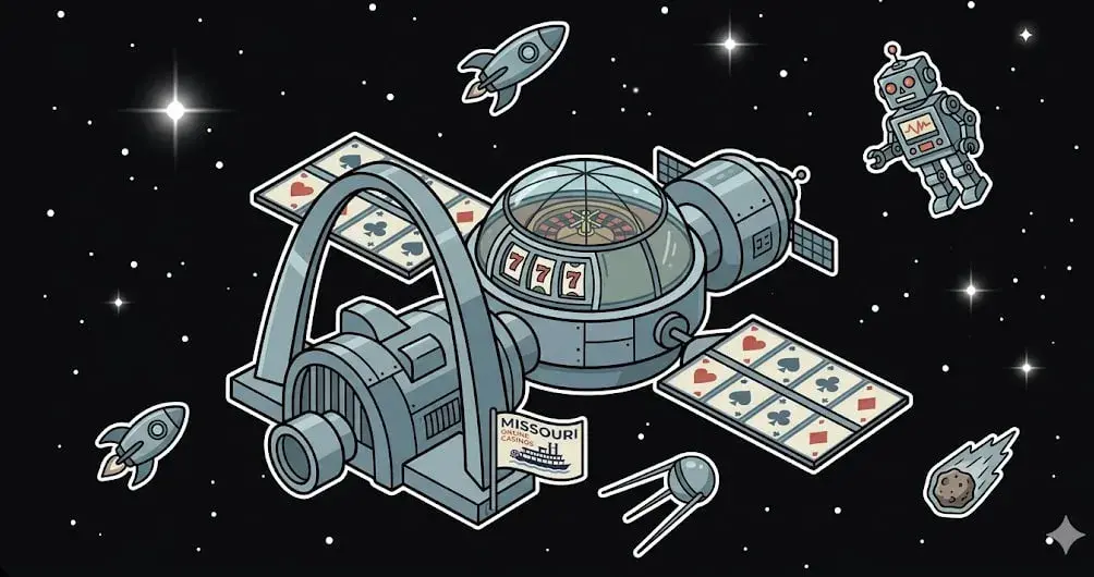 Missouri Gateway Arch space station with cards and slots for freeslots99.com regional gaming.