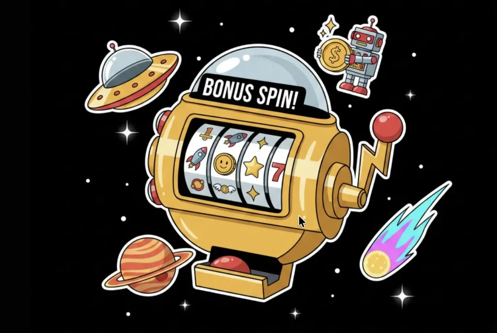 Gold space slot machine with bonus spin, UFO and robot – casino free spins illustration for freeslots99.com