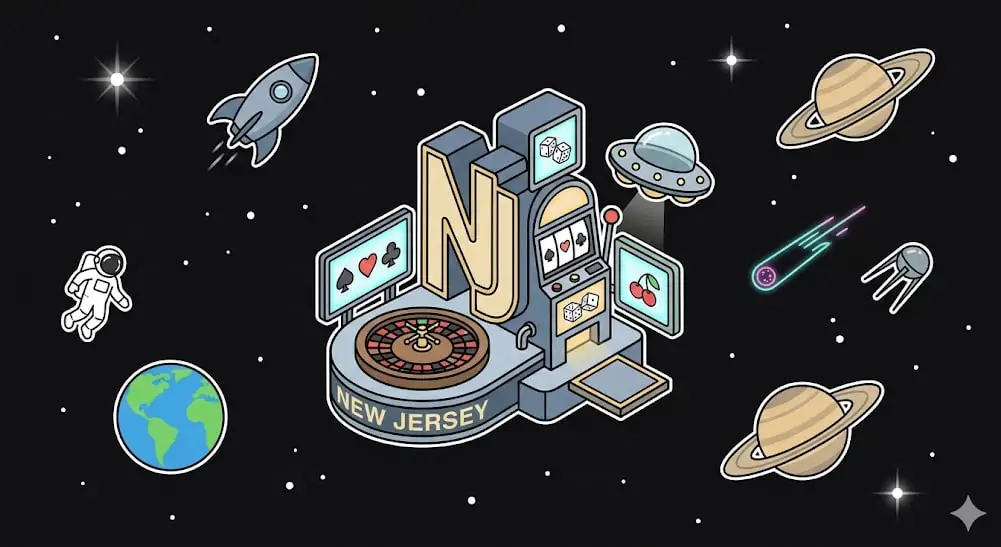 Illustration of NJ-themed casino structure with roulette wheel and slot machine surrounded by planets, rocket, UFO, and astronaut, symbolizing New Jersey online gaming for www.freeslots99.com
