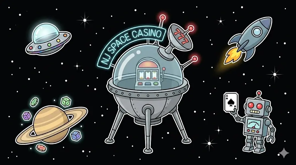 Cartoon illustration of NJ Space Casino shaped like a satellite with slot machine window, surrounded by rocket, UFO, robot, and Saturn, representing New Jersey online casino theme for www.freeslots99.com