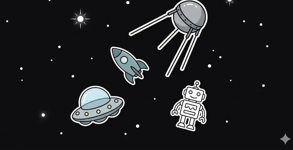UFO, rocket, satellite, and robot in space for cosmic games at freeslots99.com
