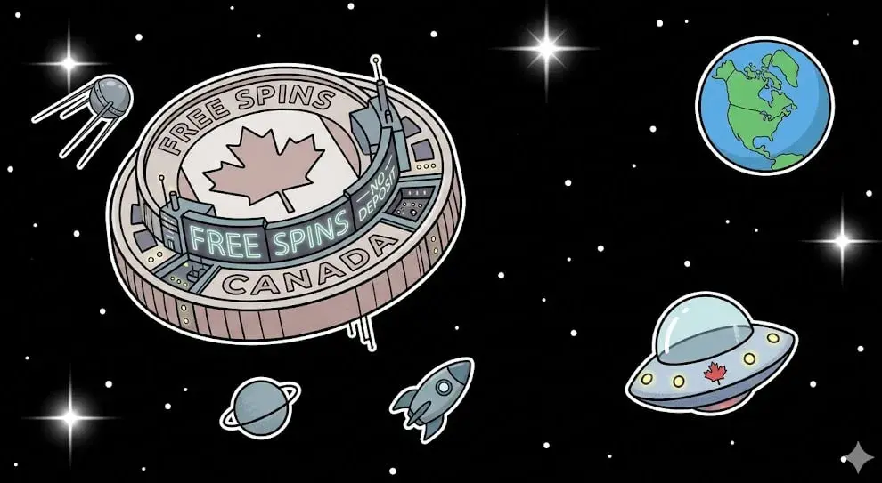 Canadian free spins coin floating in space with UFOs and rockets – casino bonus illustration for freeslots99.com