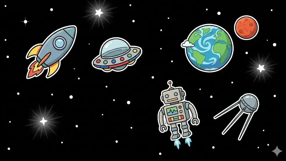 Rocket, UFO, Earth, robot and sputnik in space — retro-futuristic casino theme illustration for freeslots99.com