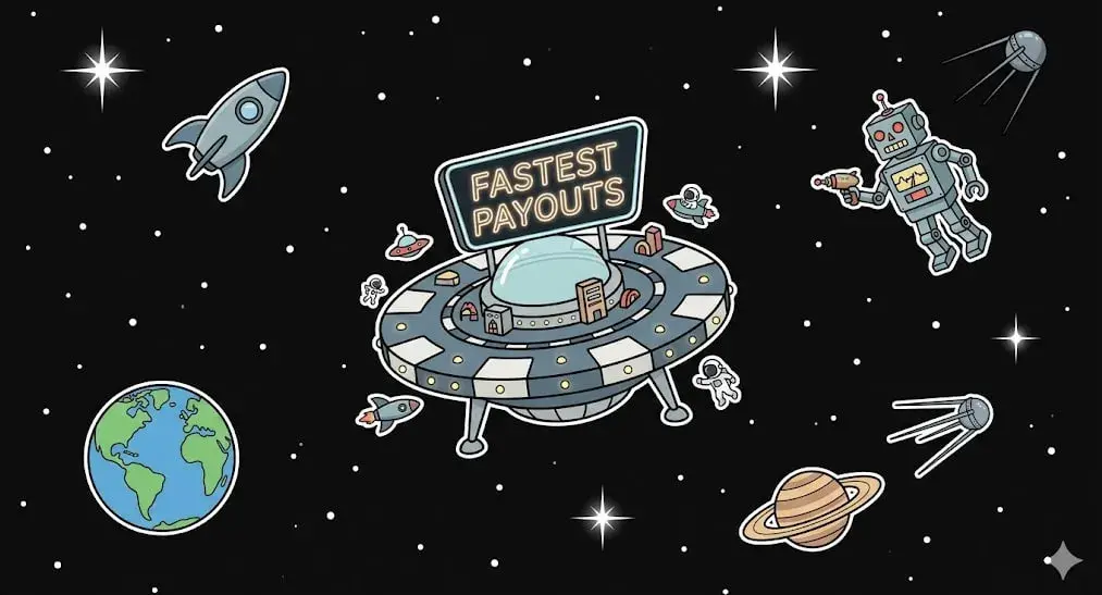 UFO-shaped space station with a FASTEST PAYOUTS sign to represent quick withdrawals on freeslots99.com
