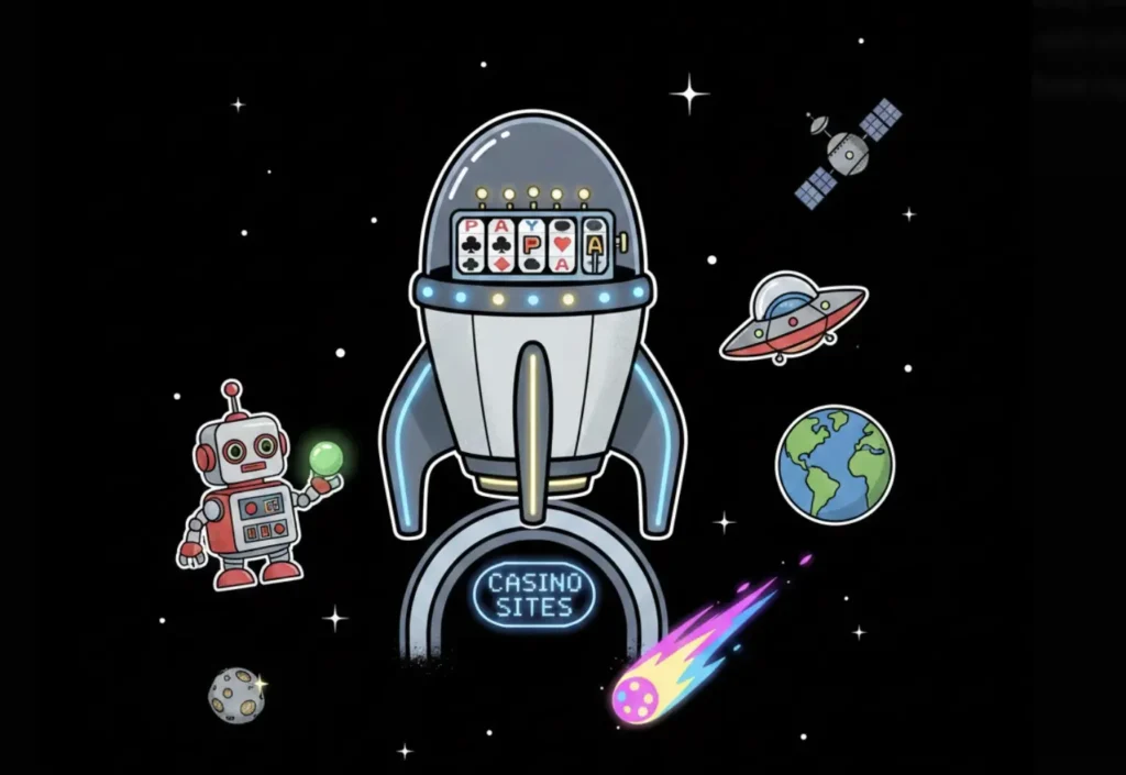 A rocket-slot machine in space labeled Casino, illustrating PayPal operators on FreeSlots99