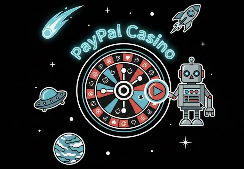 <alt="Futuristic illustration of a roulette wheel labeled PayPal Casino with robot, rocket, UFO, and planet, representing online casino gaming theme for www.freeslots99.com