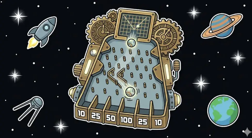 Steampunk Plinko machine in space showing multiplier rewards for www.freeslots99.com