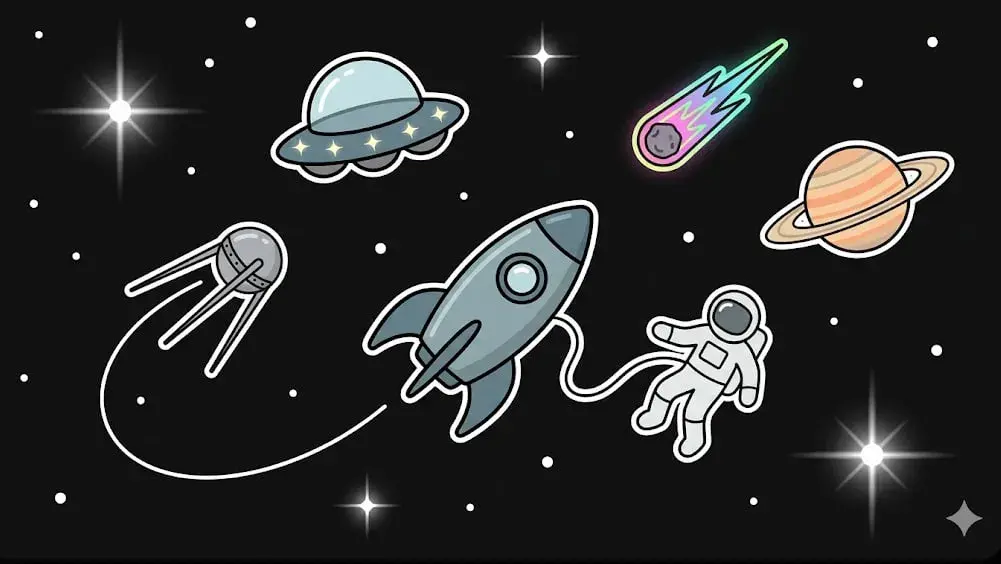Rocket, astronaut, satellite, UFO, comet and planet in space for cosmic games at freeslots99.com