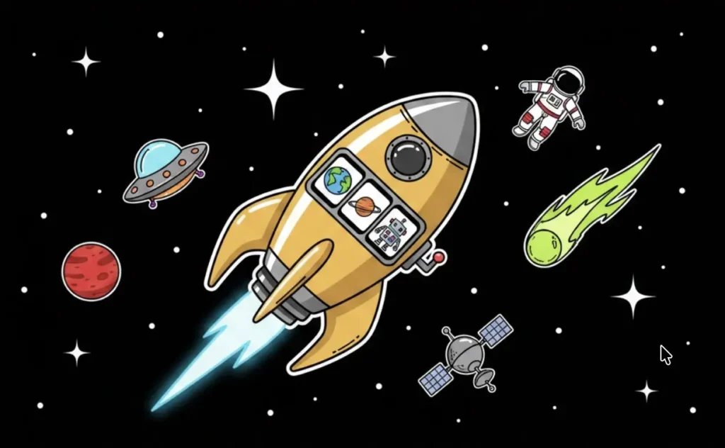 Rocket machine, UFO, astronaut, comet, satellite and planet in space for cosmic games at freeslots99.com