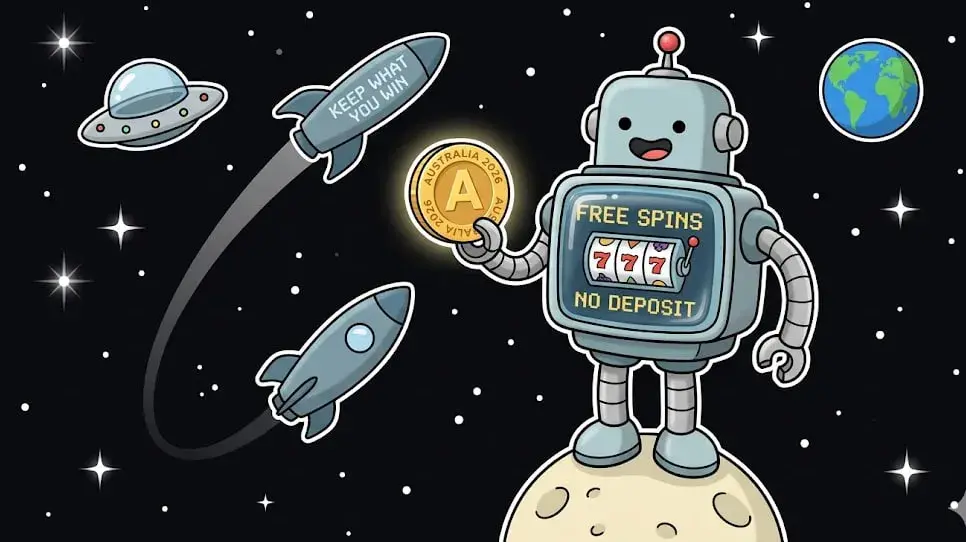 Robot holding gold coin with slot machine display showing Free Spins No Deposit, rockets and UFO flying near Earth, symbolizing online casino theme for www.freeslots99.com
