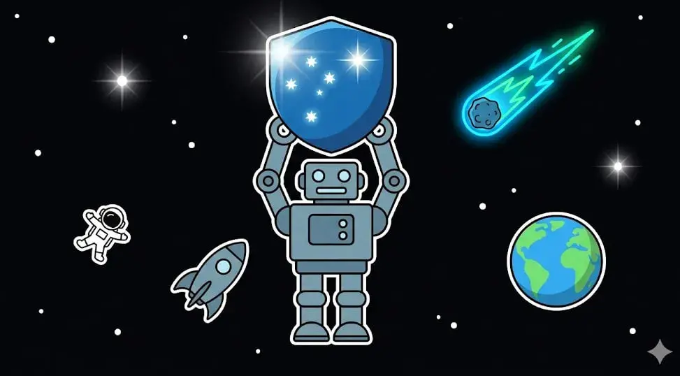 Robot holding Australian shield in space for cosmic games at freeslots99.com