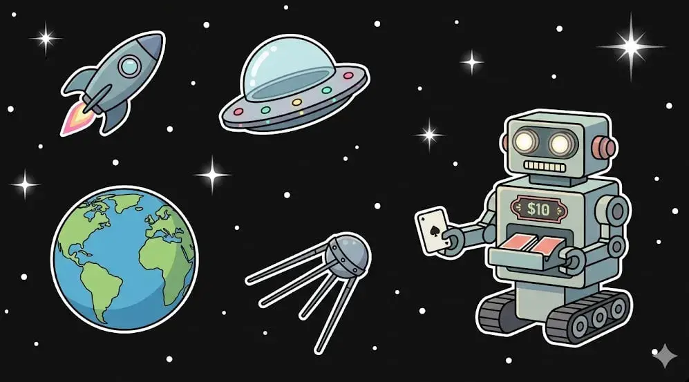 Retro robot holding $10 card in space with UFO and Earth — casino deposit bonus illustration for freeslots99.com