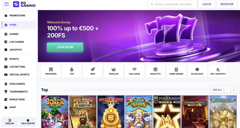 SG Casino homepage screenshot 2026