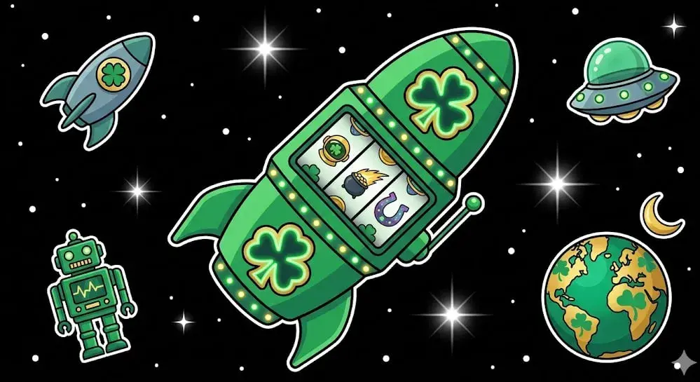 Green rocket-shaped slot machine with clovers, surrounded by robot, UFO, and planets, symbolizing online casino theme for www.freeslots99.com