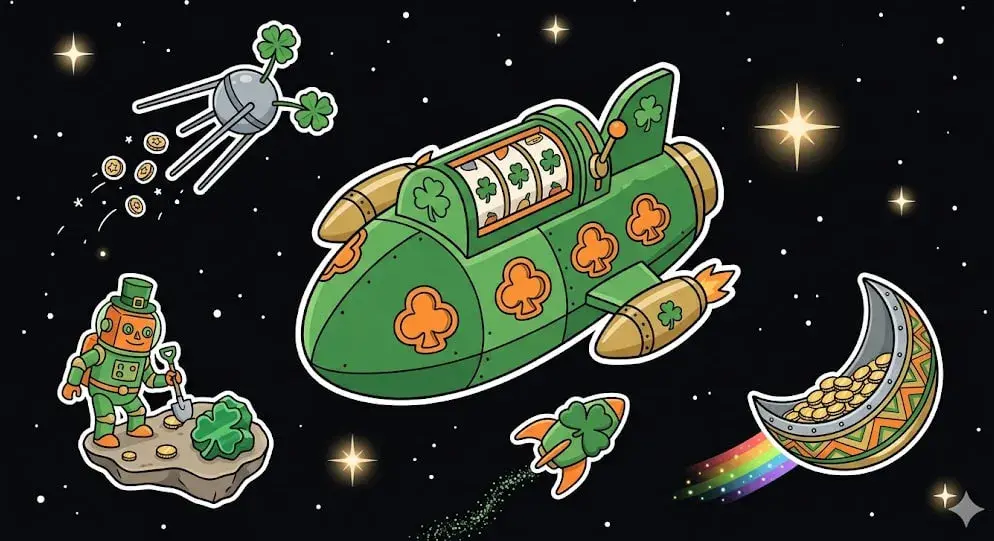 Green spaceship slot machine with shamrocks, robot, satellite, and moon of gold coins, symbolizing online casino theme for www.freeslots99.com