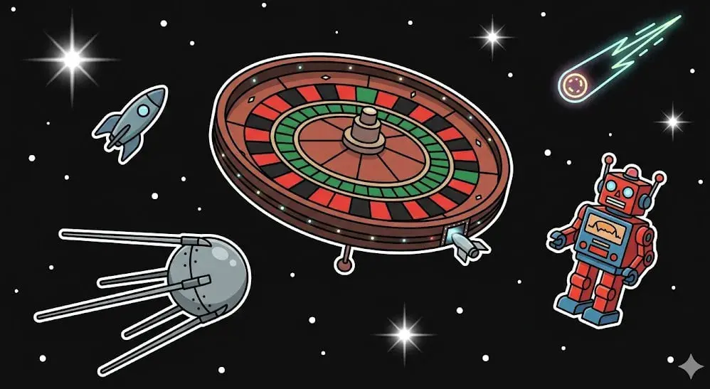 Gigantic roulette wheel space station with a robot, satellite, and rocket to promote intergalactic casino games on freeslots99.com.