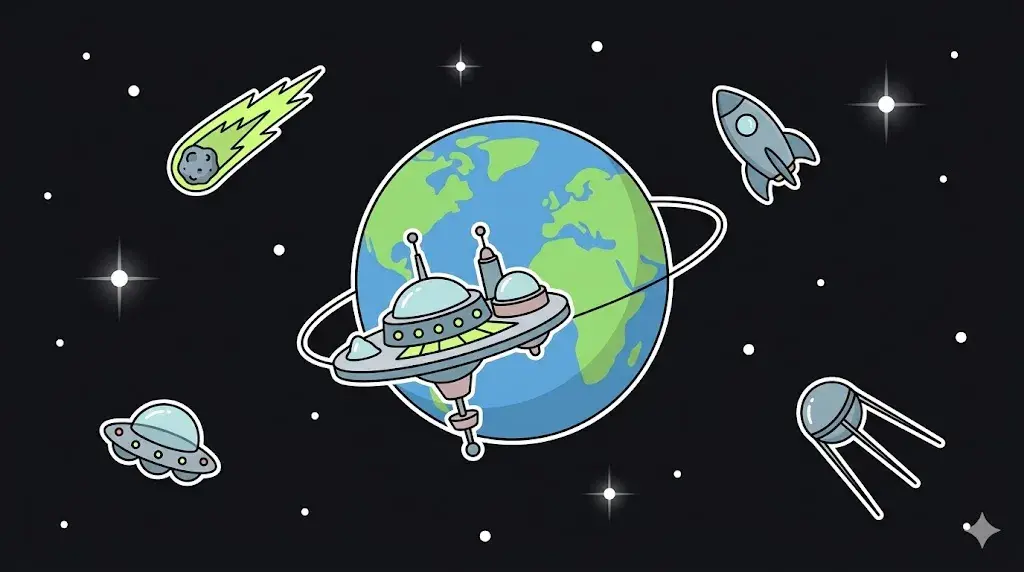 Space station orbiting Earth with a rocket, comet, and UFO for intergalactic themes on freeslots99.com.