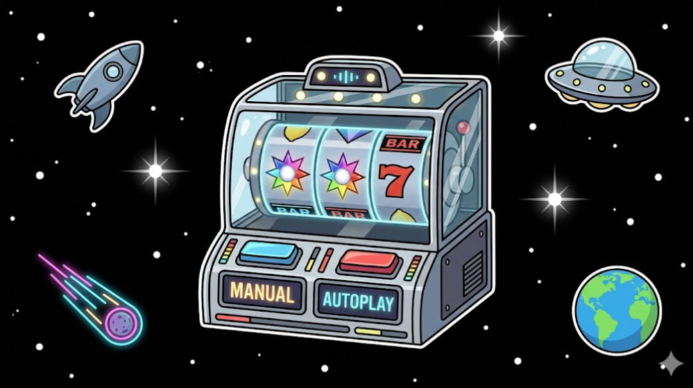 Cosmic slot machine with manual and autoplay buttons in space for www.freeslots99.com