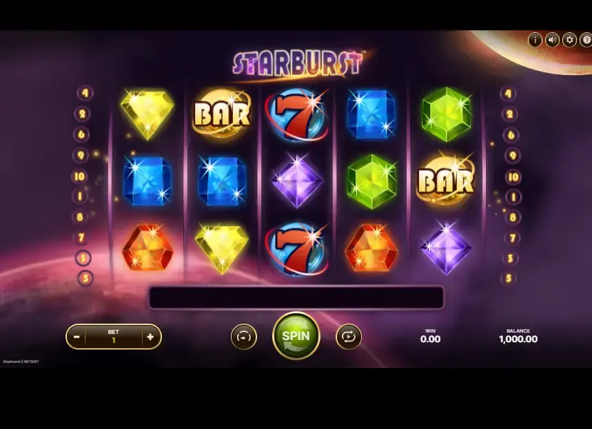 Starburst slot machine interface with colorful gems and BAR symbols, illustrating online casino gameplay for freeslots99.com
