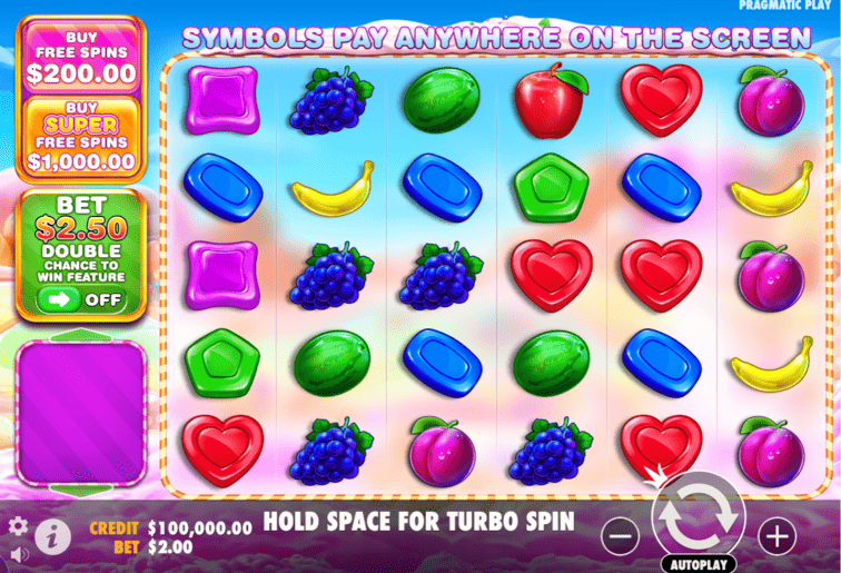Sweet Bonanza 1000 slot showing a candy-themed 6x5 grid and multiplier action