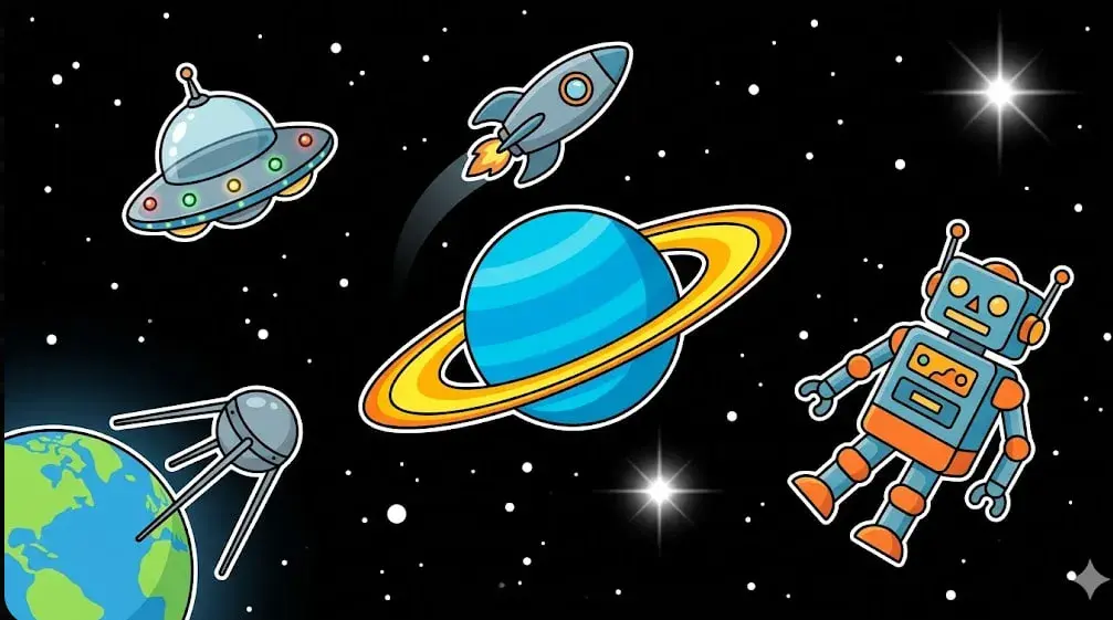 Blue planet with rings surrounded by rocket, UFO, satellite, and robot in space, symbolizing online casino theme for www.freeslots99.com