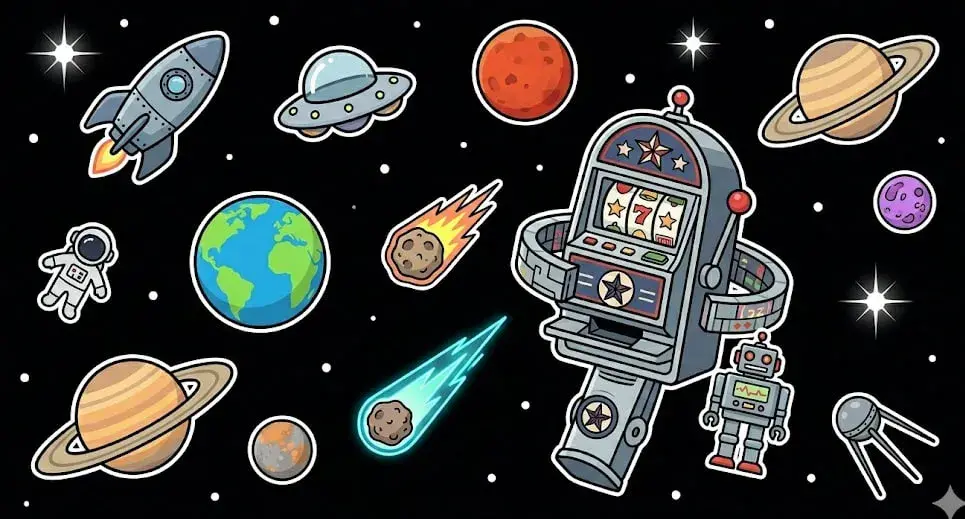 Slot machine floating in space with planets, rocket, UFO, robot, and astronaut, symbolizing online casino theme for www.freeslots99.com